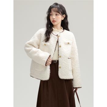 帛卡琪2024秋冬新款復古圓領仿羊羔絨女短款外套加厚氣質開衫上衣
