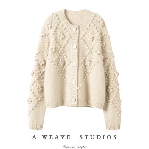 薩琪尼25春秋新款純山羊絨重工高檔豆豆羊絨衫女寬松保暖上衣