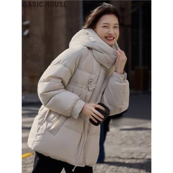 Basic House/百家好安靜的白短款連帽羽絨服女冬季白鴨絨保暖外套