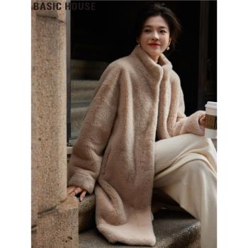 Basic House/百家好長款立領仿水貂絨毛茸茸環保皮草外套女士冬季