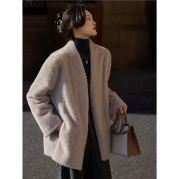 Basic House/百家好中長款仿水貂絨環保皮草外套女冬季毛茸茸大衣