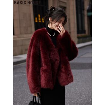 Basic House/百家好新年紅色環保皮草短款皮毛一體毛絨大衣女秋冬
