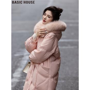 Basic House/百家好2024冬季新款加厚保暖毛領白鴨絨羽絨服外套女