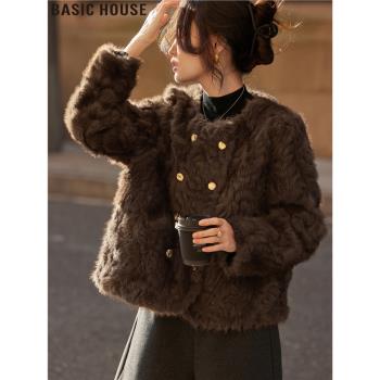 Basic House/百家好靜奢老錢風短款環保皮草外套女冬季毛茸茸上衣