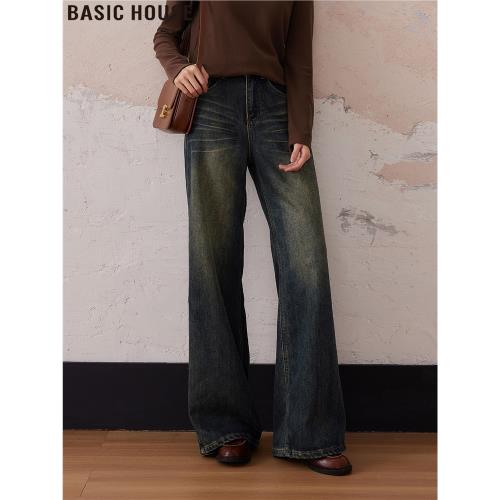 Basic House/百家好中古藍港風加絨垂感顯瘦拖地闊腿牛仔褲女春季