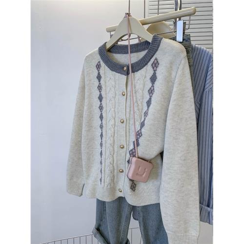 韓系復古菱格提花針織開衫女2025秋冬新款學院風圓領單排扣毛衣潮