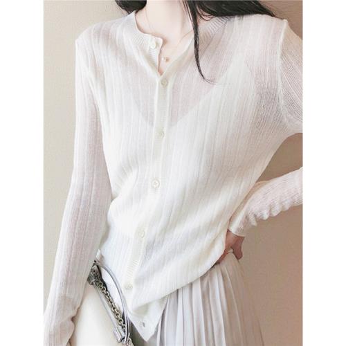 早秋精細羊毛針織開衫女修身抽條超薄羊絨微透長袖高級感外套上衣