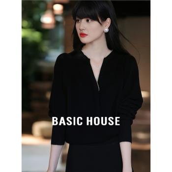 Basic House/百家好法式V領亮絲羊毛針織衫女春季小香風短款毛衣