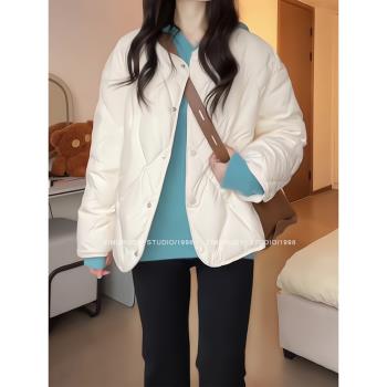 2024冬新款圓領小香風羽絨服女短款菱形格小個子韓版寬松輕薄外套