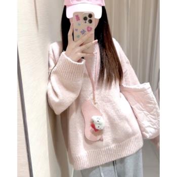 溫柔風粉色圓領毛衣女秋冬軟糯奶fufu減齡甜美套頭純色針織上衣