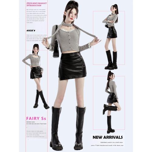 拉夏貝爾黑色皮裙半身裙女秋冬高腰a字包臀辣妹防走光pu皮短裙褲