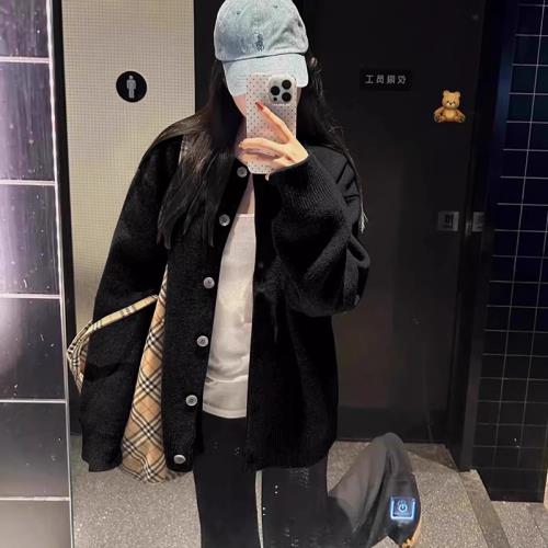 軟糯加厚黑色圓領針織開衫女秋冬寬松慵懶高級感休閑氣質毛衣外套