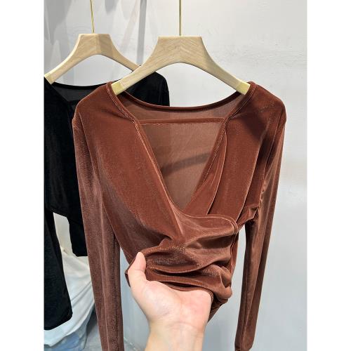 金絲絨交叉V領針織衫鏤空焦糖色長袖女入秋新款褶皺性感氣質上衣