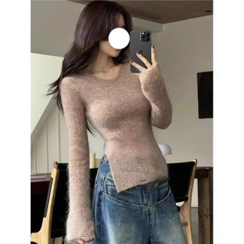 白色開叉長袖打底衫女內搭秋冬短款毛衣修身羊毛不規則針織衫上衣