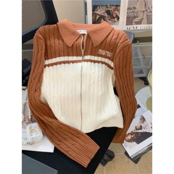 歐洲站2025秋冬新品字母刺繡拉鏈撞色polo領長袖羊毛針織開衫女潮
