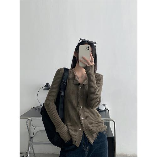 sun柚 毛邊設計感修身長袖針織衫女春秋季新款韓版休閑寬松開衫