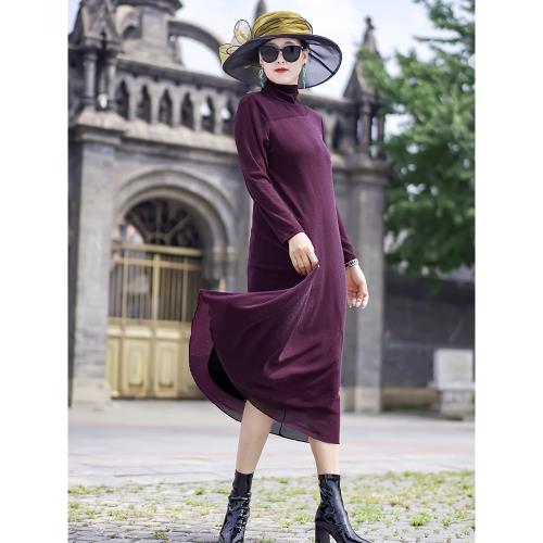 春秋打底裙氣質顯瘦純色堆堆領黑色百搭胖mm中長款通勤內搭裙子