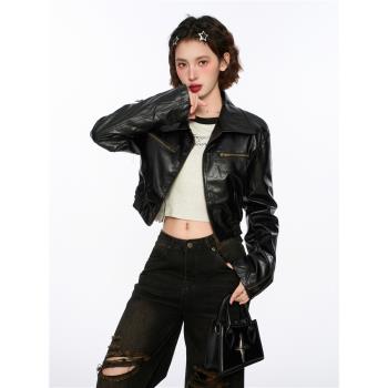 美式復古黑色短款pu皮衣外套女春秋款翻領拉鏈飛行機車服夾克上衣