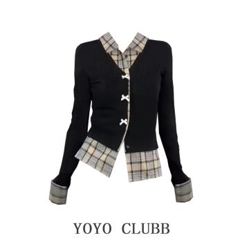 YOYO CLUBB學院風假兩件毛衣開衫女早春設計感拼接格子Polo領上衣