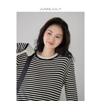 嘉茱莉春季新款萊賽爾天絲針織衫女假兩件上衣條紋長袖內搭打底衫