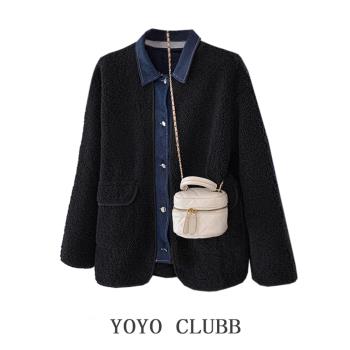 YOYO CLUBB設計感牛仔拼接羊羔毛外套女冬季大碼寬松遮肉棉服上衣