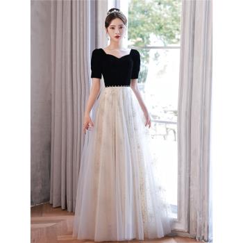 宴會晚禮服女2025新款高階感長袖氣質名媛主持人連衣裙藝考演出服