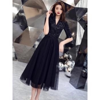 黑色晚禮服裙女宴會氣質輕奢小眾高階高階感主持人連衣裙平時可穿