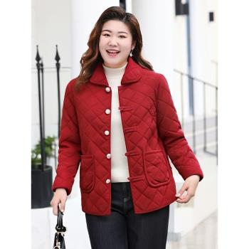 秋冬季加絨加厚純色寬松加肥大碼女裝外套中年氣質胖媽媽復古棉襖