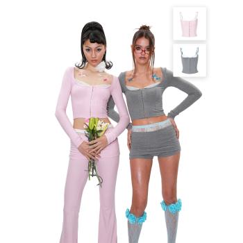 NOLA*Pink&Blue Knit Suit春夏粉藍 清透蕾絲鏤空針織套裝女
