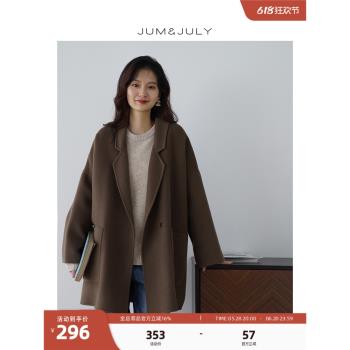 嘉茱莉2024年秋冬新款毛呢外套女小個子寬松羊毛雙面呢大衣咖啡色