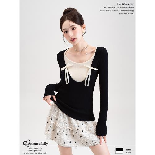 黑色假兩件蝴蝶結長袖針織衫上衣女2026春季新款顯瘦甜辣妹打底衫