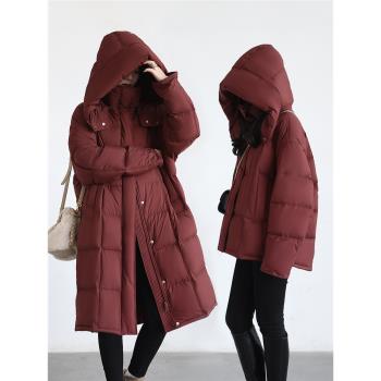 知意大碼氣質簡約新年紅連帽90白鵝絨羽絨服女冬季禦寒閨蜜長短款