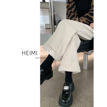 米白色毛呢直筒褲女秋冬加厚高腰九分卷邊闊腿褲小個子休閑煙管褲