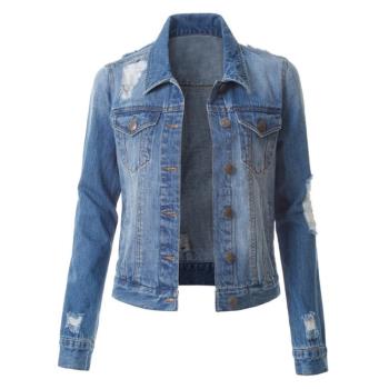 Long sleeve ripped denim jacket 歐美風長袖翻領破洞牛仔外套女