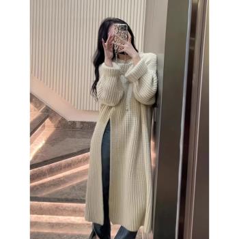 春季開叉長袖針織衫毛衣外套女士秋冬季新款小個子修身中長款上衣
