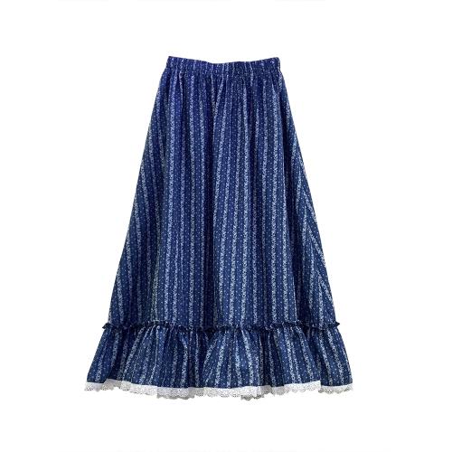 藍白條紋提花半身裙女夏季高腰裙子蕾絲拼接木耳邊A字中長裙761G