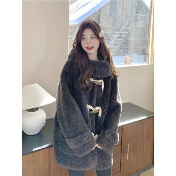 黑灰色羊羔毛外套女冬季加絨加厚2024新款保暖休閑連帽毛茸茸上衣