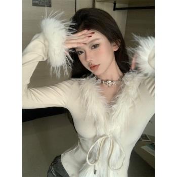 秋冬2025新款羽毛袖子針織開衫女純欲辣妹性感上衣別致打底衫內搭