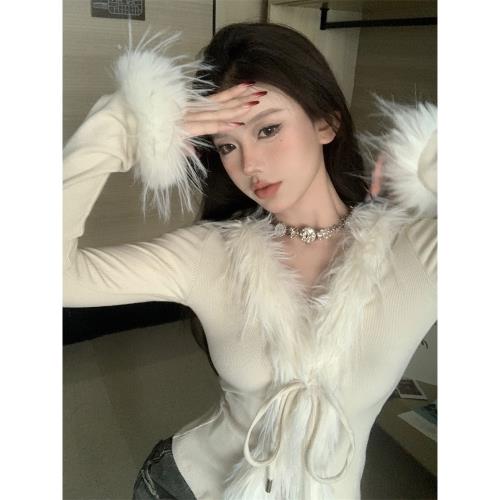 秋冬2025新款羽毛袖子針織開衫女純欲辣妹性感上衣別致打底衫內搭