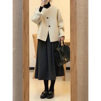 白色雙面羊毛呢子大衣女2024秋冬季新款高階感小個子短款毛呢外套