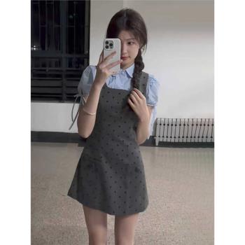 學院風夏季連衣裙新款女時尚泡泡袖襯衫高階感氣質背帶裙兩件套裝