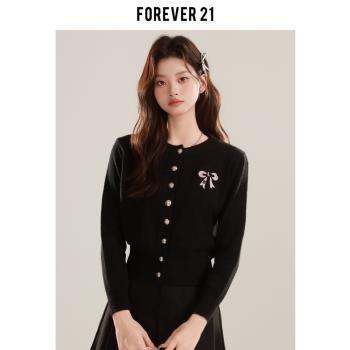 Forever 21學院風蝴蝶結刺繡針織開衫女黑色毛衣甜美chic外套上衣