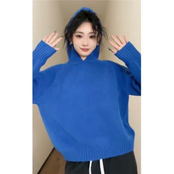連帽寶藍色針織衫女秋冬2024新款毛衣寬松慵懶風別致洋氣長袖上衣