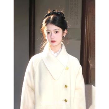 冬季新款白色毛呢外套女2025設計感小眾毛絨拼接中長款小個子大衣