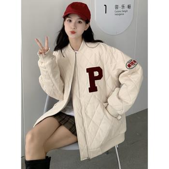 棉衣棉服女冬季2024年菱形格oversize學生棒球服寬松休閑棉襖外套
