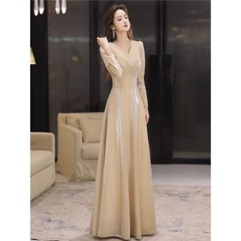 晚禮服女2025新款宴會氣質輕奢小眾年會演出主持人長袖香檳連衣裙