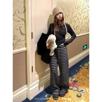 美式復古bf慵懶風加絨條紋直筒闊腿休閑褲女冬季寬松垂感拖地褲子