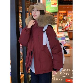 派克服女冬季2024年新款學生工裝棉衣連帽大毛領加厚羽絨棉服外套