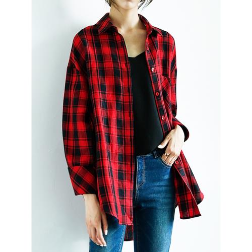 棉麻格子襯衫女短款春秋新款紅色亞麻襯衣慵懶風長袖時尚外套