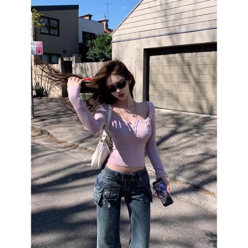 純欲辣妹風低領T恤女裝春秋冬季打底衫性感修身顯瘦內搭短款上衣